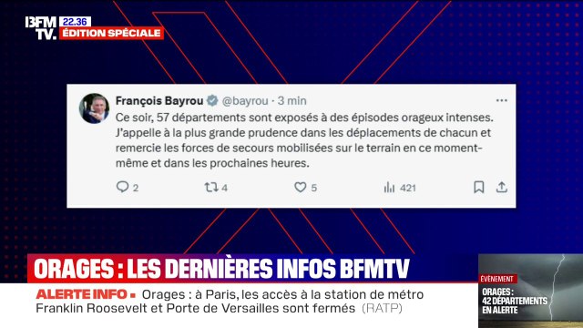 Orages: François Bayrou appelle à la plus grande prudence dans les déplacements de chacun