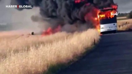Silivri'de işçi servisi alev alev yandı