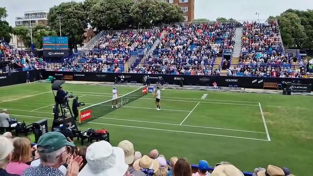 Watch as Taylor Fritz celebrates beating Joao Fonseca after two-day match at Eastbourne Open