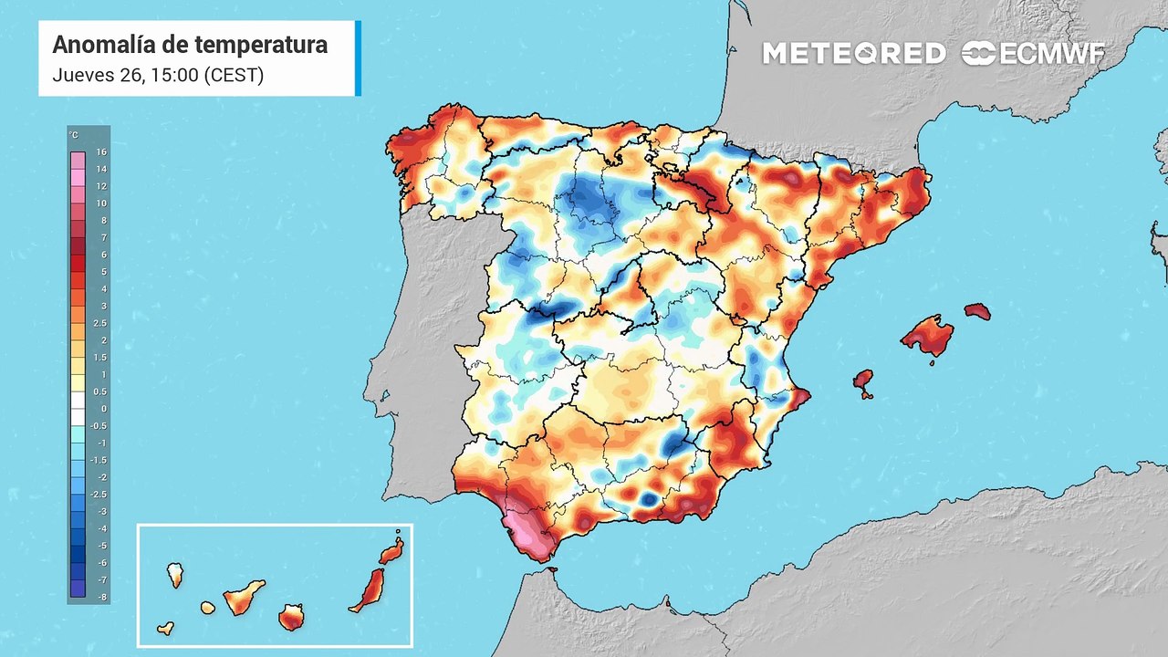 Anomalías de temperatura previstas en superficie durante los próximos días. Fuente: modelo europeo.