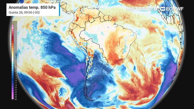 Quinta-feira, 26 de junho: Temperatura em 850 hPa mostra massa de ar polar sobre a Região Sul nos próximos dias.