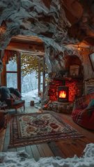 Warm Stone Cabin Hideaway with Fireplace, Forest View, Snowy Entrance, Cozy Furniture.#short#shorts#shortvideo#reelit #reelfacebook #viralpost2025シ #trendingvideo #resortlife #RoomDecor #homedecor #housedesign #bedroomoasis#lounge