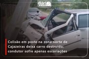Colisão em poste na zona norte de Cajazeiras deixa carro destruído; condutor sofre apenas escoriações
