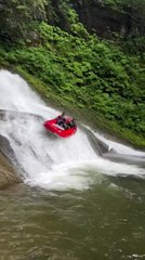 Men Begin Rafting From Waterfall and Midway Their Raft Nearly Flips Over