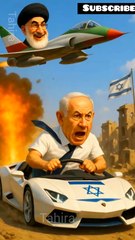 Netanyahu speeds through a war-torn city in a white-blue convertible, panic on his face, as a red-white-green Iranian warplane with a grinning Ayatollah dives from above, chasing him through explosions and rubble. The Israeli flag flutter