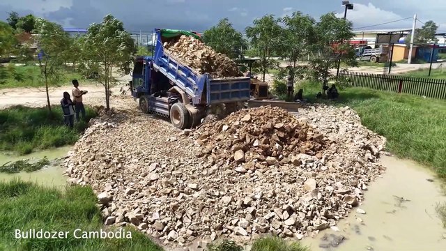 Starting a new project! Fill Up The Rock Into The Water by Bulldozer & 5T Truck Unloading, Mix Video