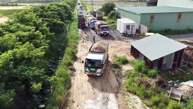 Starting New Project Sand-fill By Mitsubishi D20 Bulldozer Pushing Sand& Truck Unloading Sand