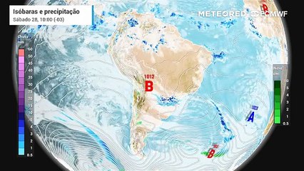 Previsão de pressão, nuvens e chuva até segunda-feira (30).