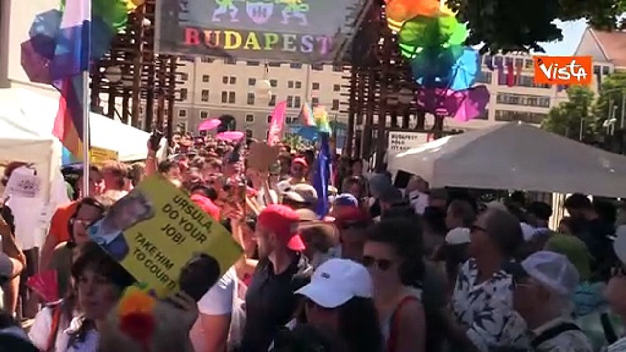 Budapest Pride, i cartelli del corteo, da Orban truccato con rossetto a 'Ursula do your job'