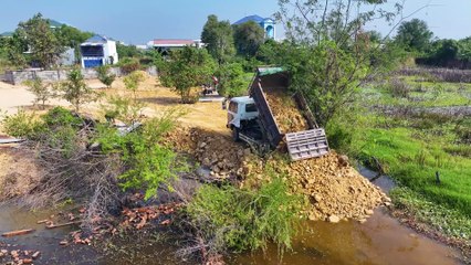 Nice Incredible Making Road on Water By Bulldozer D20P Pushing Stone and Truck 5Ton Unload