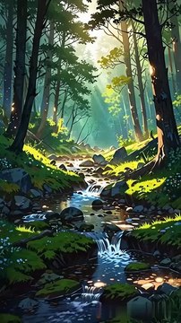 Whispering Dawn: A Magical Forest Stream Escape