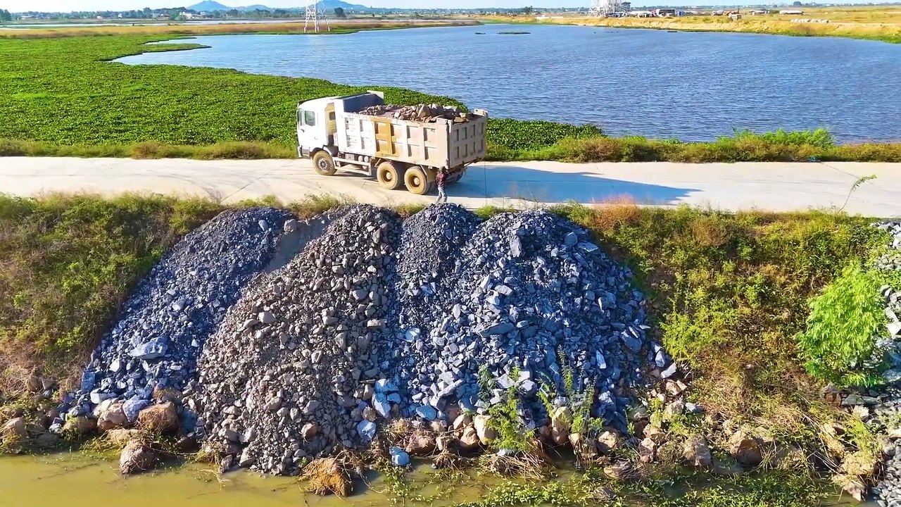 Complete 100%New Roads Project !Landfill Flooded Pond area! Truck 25 Ton Unload Bulldozer Push Stone