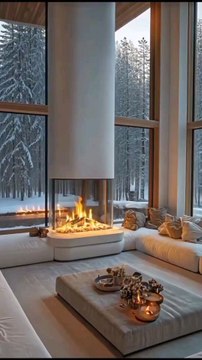 Elegant winter resort room with panoramic snowy views, central round fireplace, neutral-toned sofas, and minimalist decor.#short#shorts#shortvideo#reelit #reelfacebook #viralpost2025シ #trendingvideo #resortlife #followforfollowback