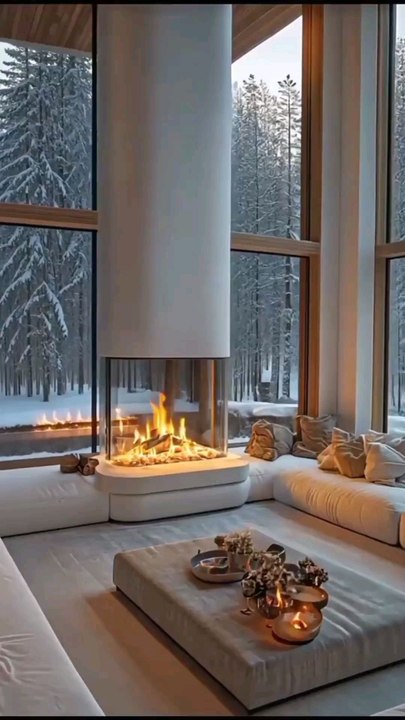Elegant winter resort room with panoramic snowy views, central round fireplace, neutral-toned sofas, and minimalist decor.#short#shorts#shortvideo#reelit #reelfacebook #viralpost2025シ #trendingvideo #resortlife  #followforfollowback