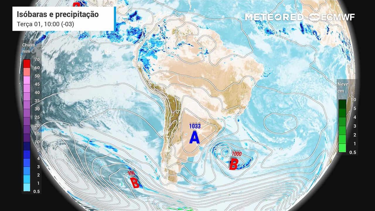 Terça-feira, 01 de julho: Mapa de precipitação, pressão a nível médio do mar e nebulosidade até quinta-feira mostra o deslocamento de chuvas sobre o Sudeste do Brasil..