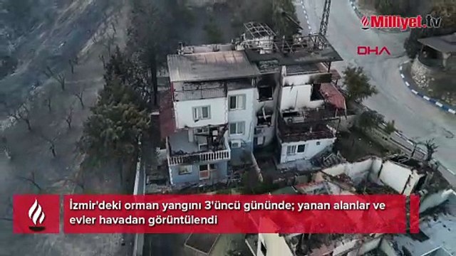 İzmir'deki orman yangını 3'üncü gününde; yanan alanlar ve evler havadan görüntülendi