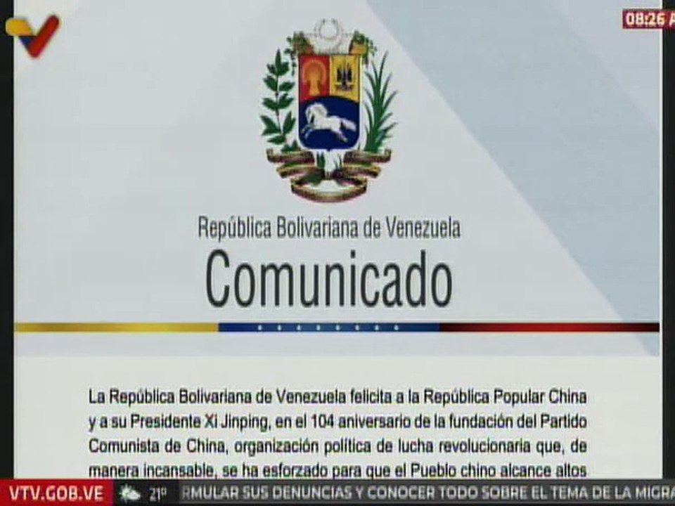 Comunicado | Venezuela felicita los 104 años de fundación del Partido Comunista de China
