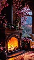 Fairytale Castle View, Cozy Fireplace, Blossoms, and Panoramic Windows in a Dreamy Mountain Resort Lounge.