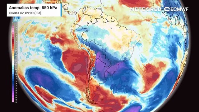 Quarta-feira: 02 de julho: Previsão de anomalia de temperatura em 850 hPa para os próximos dias no Brasil.
