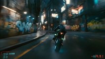 A suspenseful Denis Villeneuve style medium arch shot of a cyber rider escaping the police in a narrow cyberpunk alley at night #bike