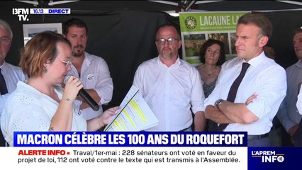 Emmanuel Macron en visite à Roquefort sur fond de guerre commerciale avec Donald Trump