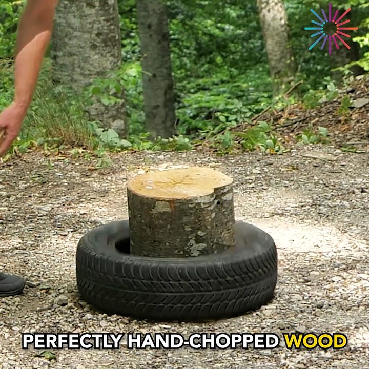 Split wood effortlessly with this tire trick! 👌