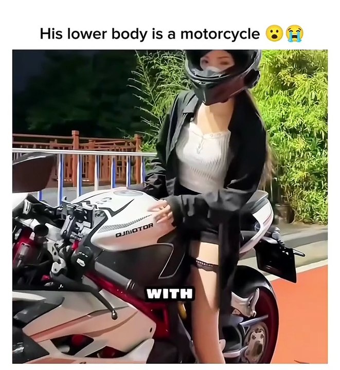 This man's lower body is a motorbike.