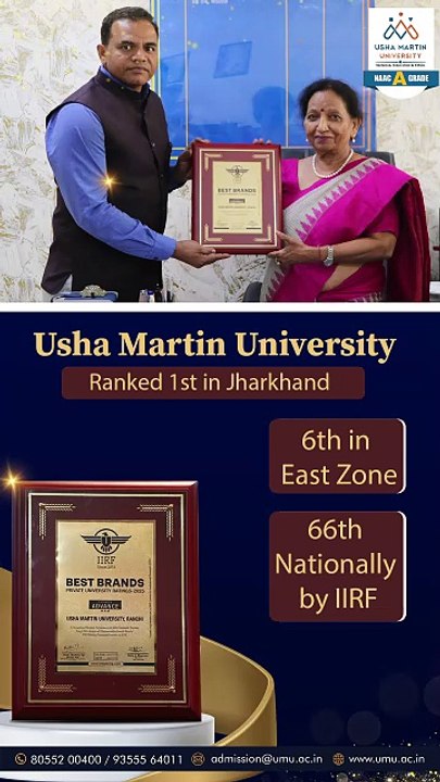 Usha Martin University Ranked 1st in Jharkhand, 6th in East Zone & 66th Nationally by IIRF.