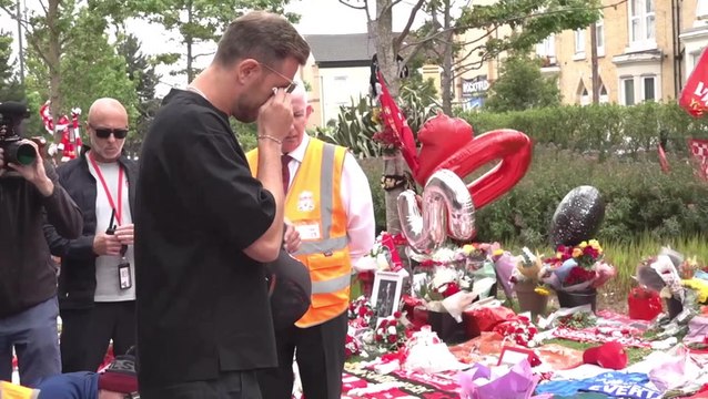 Liverpool’s Jordan Henderson wipes away tears as he pays emotional tribute to Diogo Jota at Anfield