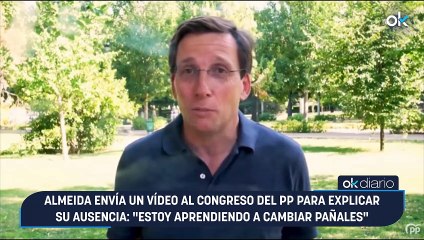 Almeida envía un vídeo al Congreso del PP para explicar su ausencia: "Estoy aprendiendo a cambiar pañales"