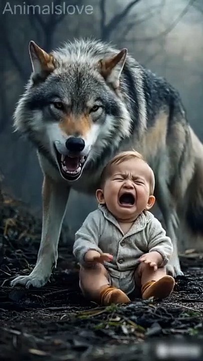 A cute cat saves baby from hungry wolf #cat #catlover #baby #love #animalslovers#jdvp
