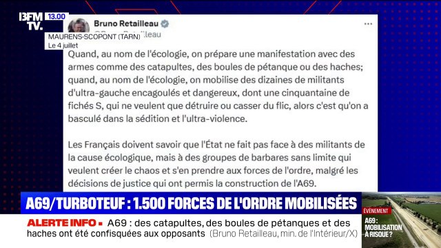 Mobilisation anti-A69: pour Bruno Retailleau, les opposants ont basculé dans la sédition et l'ultra-violence