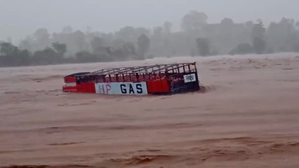 Gas Cylinder Truck Swept Away by Floodwaters Near Jabalpur, MP
