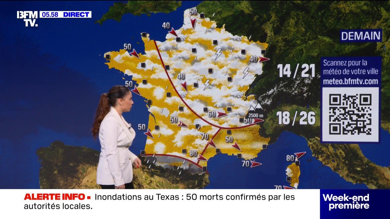 De la pluie sur l'ensemble du territoire, quelques orages attendus sur la moitié nord, une baisse des températures... La météo du dimanche 6 juillet