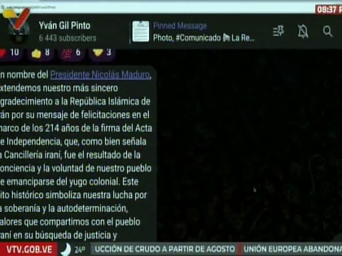 Venezuela agradece las felicitaciones de la República Islámica de Irán en Día de la Independencia