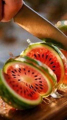 A watermelon cut into a transparent glass on a wooden board