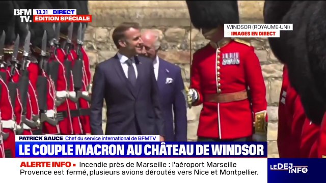 Emmanuel Macron et le roi Charles III passent en revue les troupes devant le château de Windsor