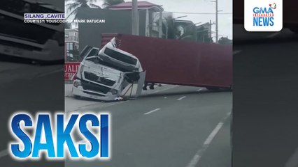 Container truck, tumagilid sa gitna ng kalsada; driver, sugatan | Saksi