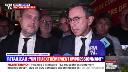 Bruno Retailleau rend hommage aux "courageux sapeurs-pompiers et marins-pompiers" de Marseille et indique "le travail va continuer cette nuit"