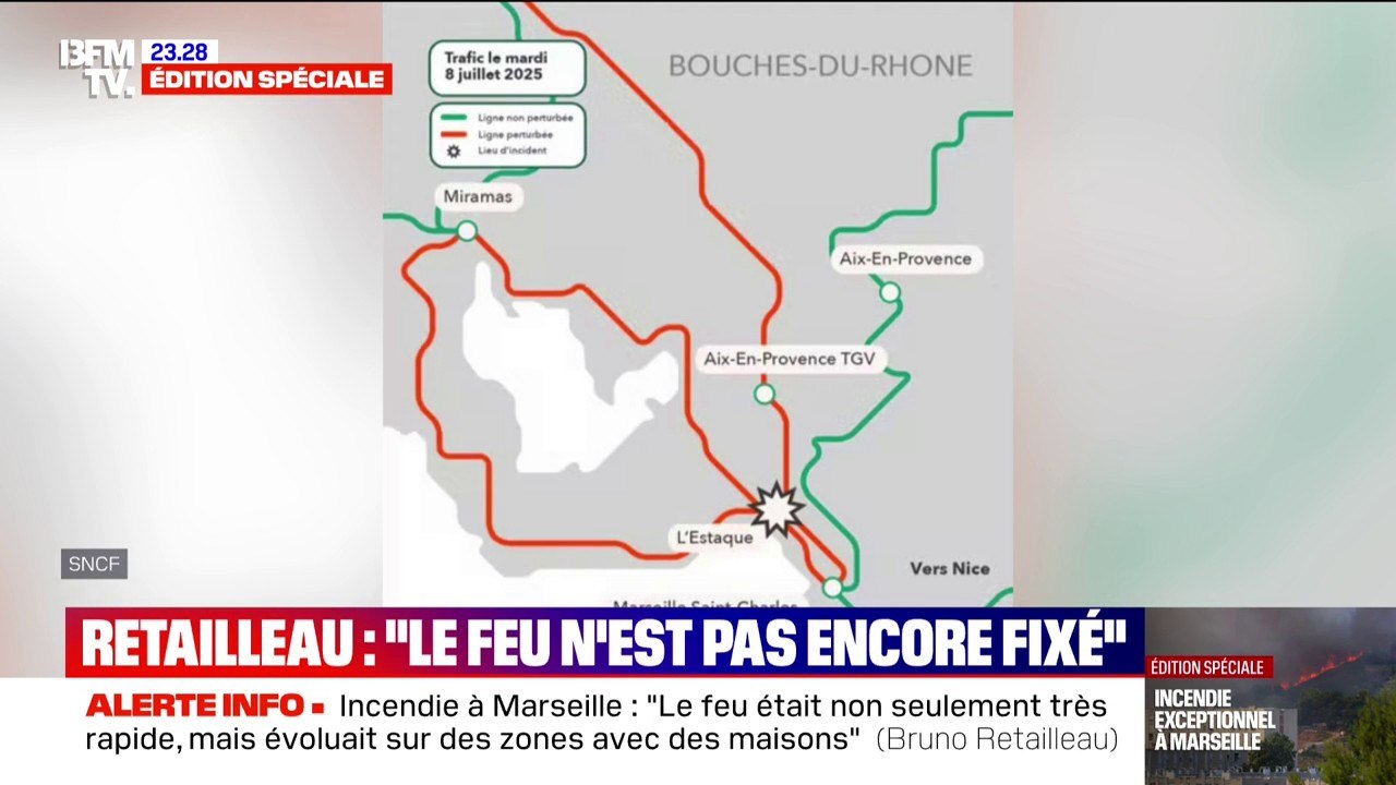 La SNCF annonce que la ligne Paris-Marseille reste interrompue ce 8 juillet et sera "très impactée" ce 9 juillet en raison de l'incendie qui touche la cité phocéenne