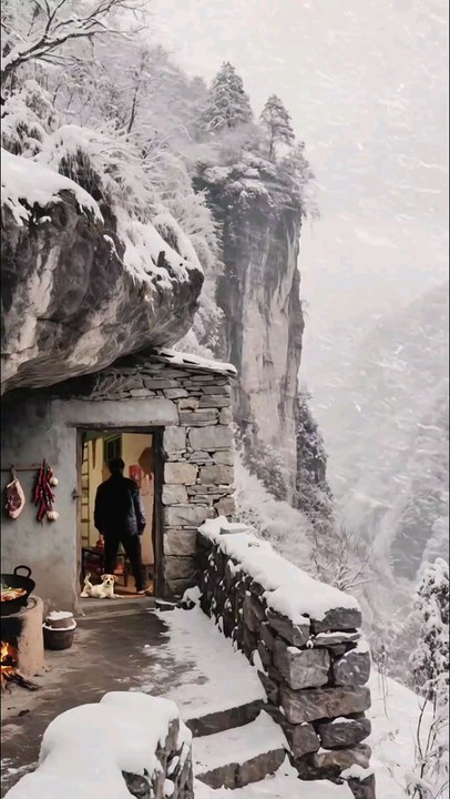Magical Cliffside Snow Resort, Winter Vacation, Outdoor Cooking, Scenic Views, Nature