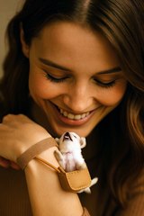 woman with wrist pet bag for dog
