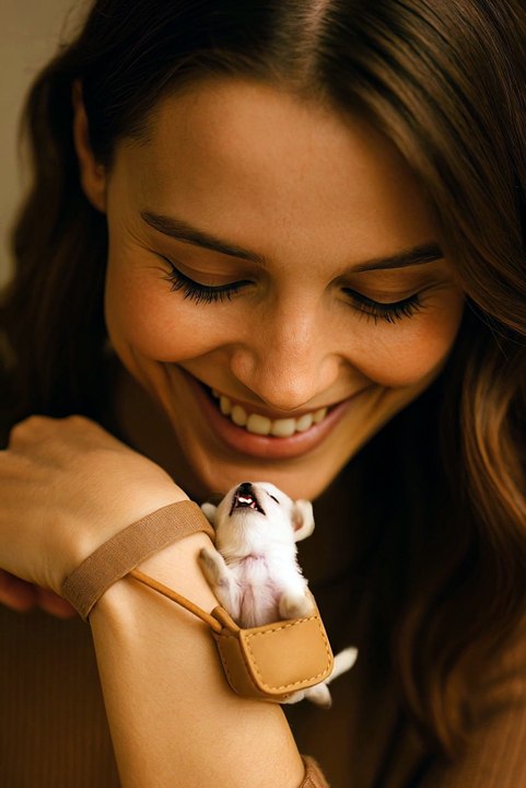 woman with wrist pet bag for dog