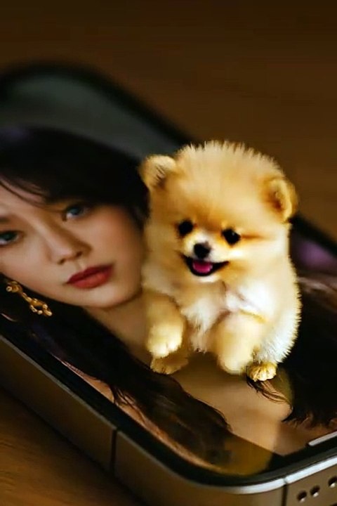 small dog pomeranian on top of the phone