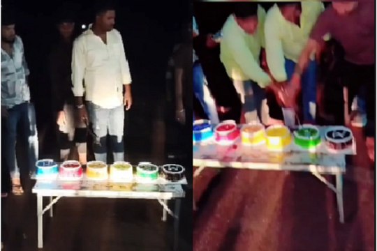 बीच सड़क पर तलवार से काटे 6 केक