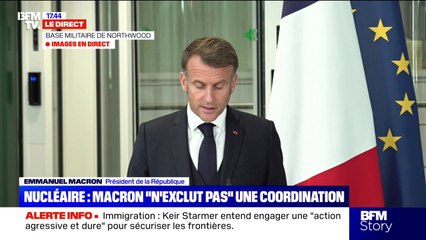 "Nous avons acté une coopération de défense accrue dans les domaines de l'intelligence artificielle, de l'espace, du cyber (...) à une époque où nos deux pays font l'objet de menaces hybrides", déclare Emmanuel Macron depuis le Royaume-Uni