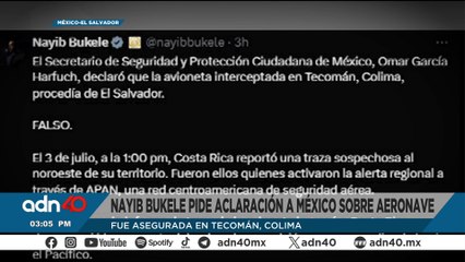 Nayib Bukele pide aclaración a México sobre aeronave con droga interceptado en Colima