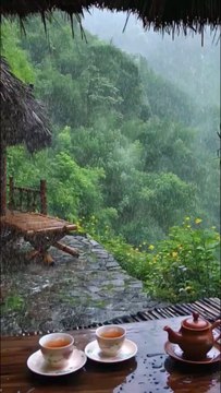 Rainy Hillside Resort Escape with Tea, Misty Views, Wildflowers, and Cozy Thatched Roof, Perfect for a Peaceful Vacation.