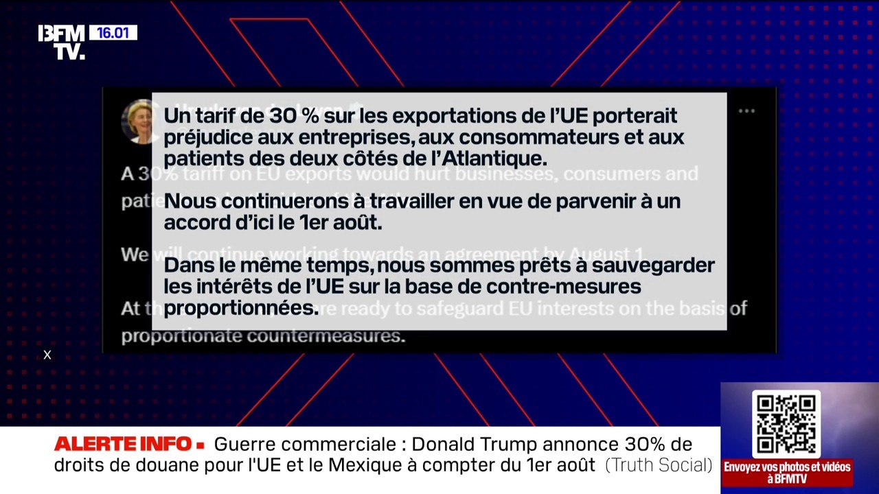 Droits de douane: l'Union européenne critique les nouveaux droits de douane de 30%, et se dit "prête" à continuer à travailler sur un accord