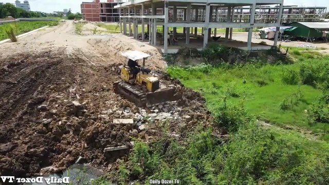 Amazing Bulldozer Showing Skill Pushing Dirt and Stone into Cannel with Many Dump truck 5T Unloading